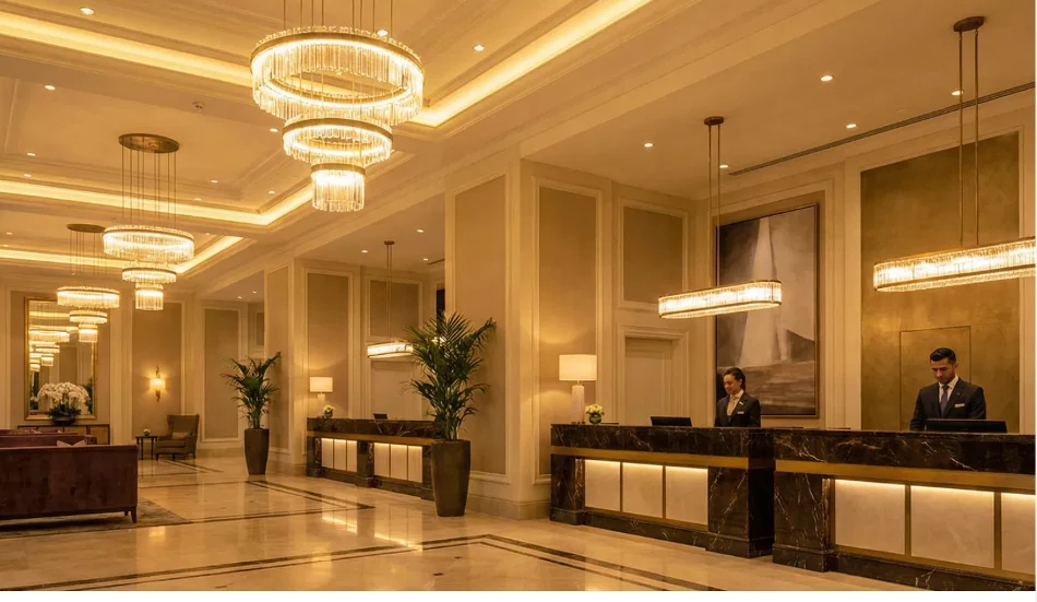 Guest room hospitality lighting with track lights highlighting wall artwork